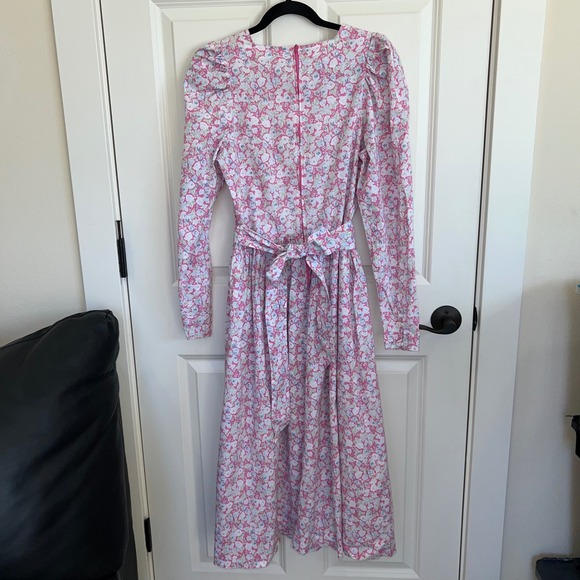 Vintage 80s Laura Ashley Long Sleeve Pink Floral Cotton Midi Dress Size 12 - Picture 2 of 10